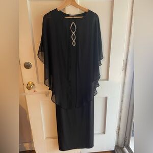 Elegant Black Evening Dress with Rhinestone Accents and Mesh Cape